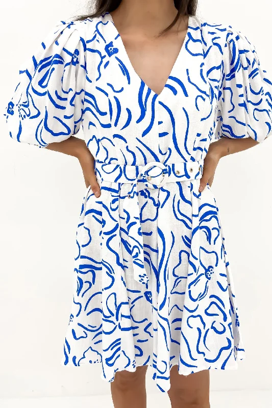 Ibiza Mini Dress White Blue Comfortable Wrap Mini Dress