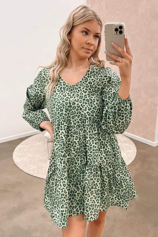 Indianna Mini Dress Sage Leopard Comfortable Casual Mini Dress