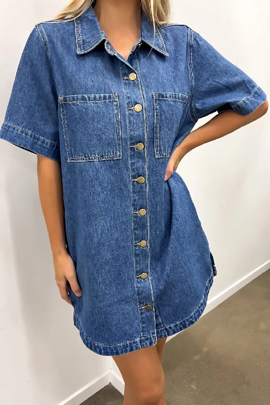 Jess Denim Mini Dress Dark Blue Comfortable Ruffle Mini Dress