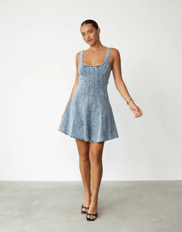 Kella Denim Mini Dress (Light Denim) Stylish Sweetheart Mini Dress