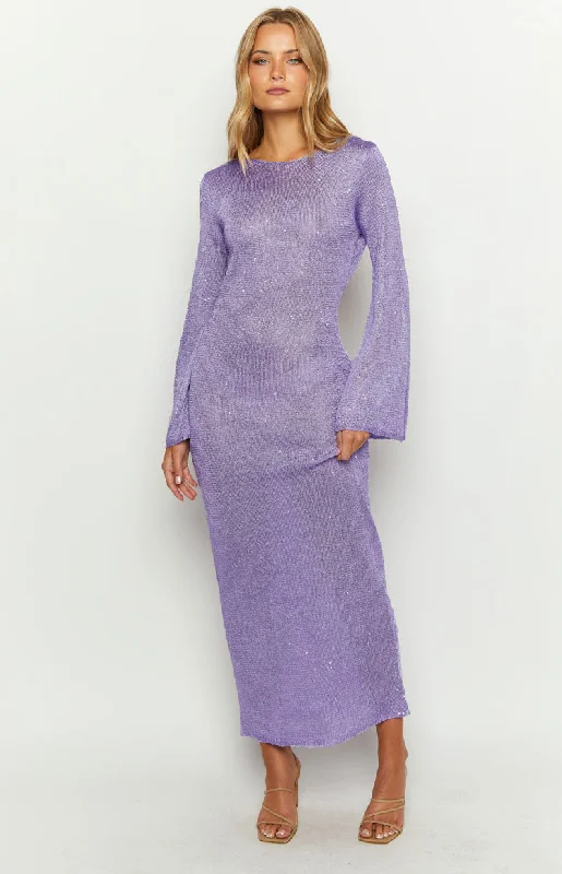 Kendrick Purple Sequin Knit Long Sleeve Maxi Dress Fashionable Sheer Maxi Dress