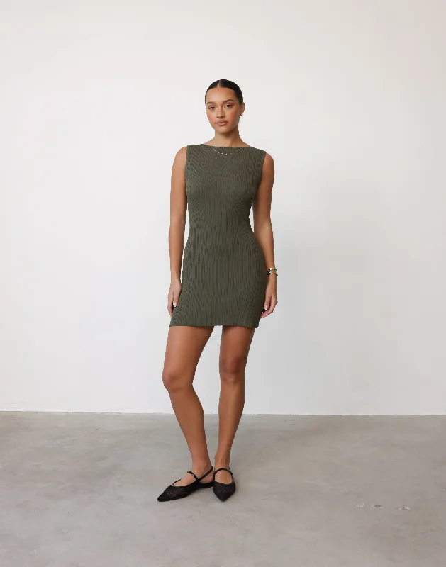 Kienna Mini Dress (Khaki) Trendy Mini Dress with Belt