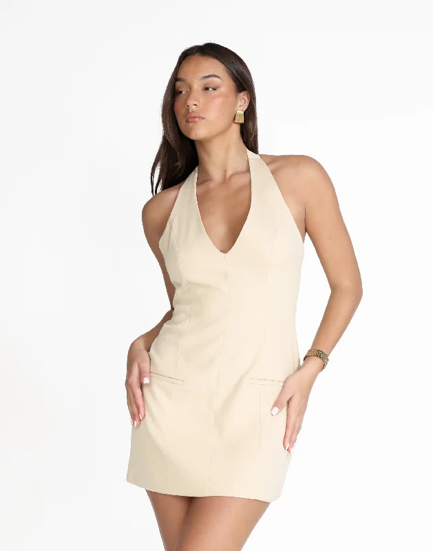 Kit Mini Dress (Sandstone) Fashionable Lace-Trim Mini Dress