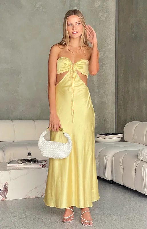 Lili Yellow Satin Strapless Maxi Dress Comfortable Bohemian Maxi Dress