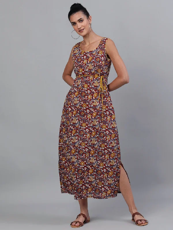 Women's Maroon Floral Print High Slit Maxi Dress - Aks Fashionable Maxi Dress with Fringe Women's Maroon Floral Print High Slit Maxi Dress - Aks Fashionable Maxi Dress with Fringe