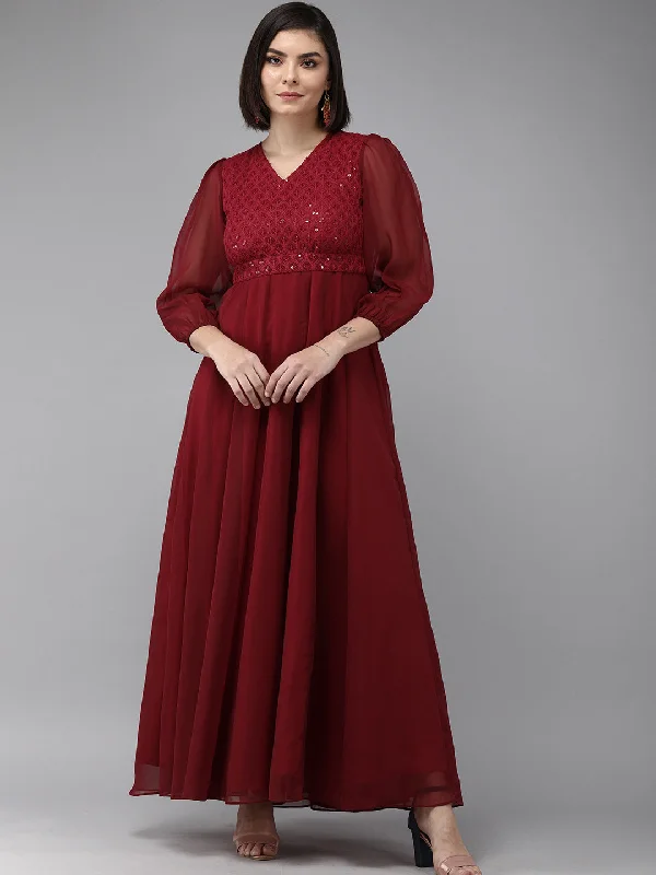Women's Maroon Geogette Sequence Embellished Maxi Dress - Bhama Couture Comfortable Maxi Dress with Sleeves