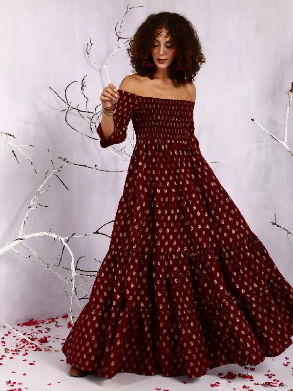 Women's Maroon Off-Shoulder Tiered Maxi Dress - Aks Fashionable Chiffon Maxi Dress