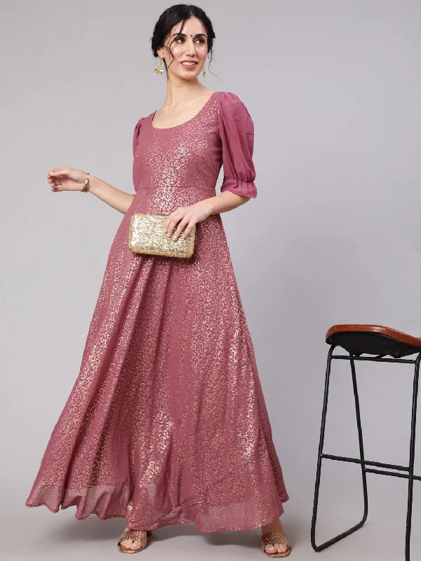 Women's Mauve Foil Print Flared Maxi Dress - Aks Cozy Longline Maxi Dress