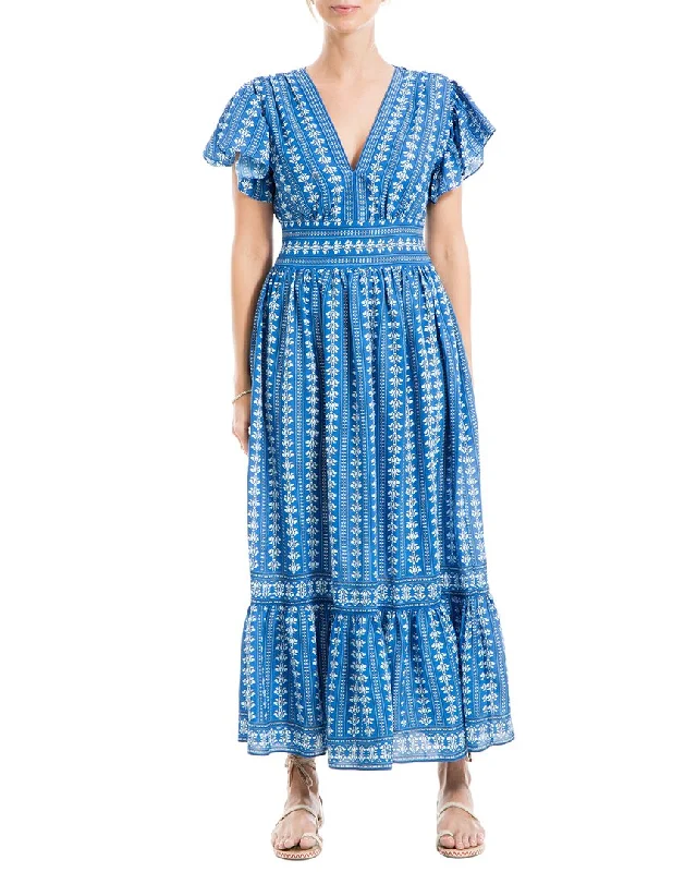 Max Studio Flutter Sleeve V-Neck Tiered Maxi Dress Fashionable Off-Shoulder Maxi Dress