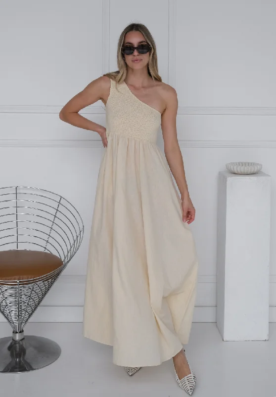 Miann & Co Women - Tia One Shoulder Shirred Maxi Dress - Buttermilk Trendy Maxi Dress with Bow Miann & Co Women - Tia One Shoulder Shirred Maxi Dress - Buttermilk Trendy Maxi Dress with Bow