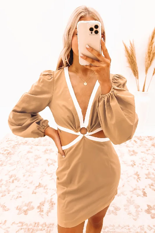 Mikaila Mini Dress Beige Comfortable Smocked Mini Dress