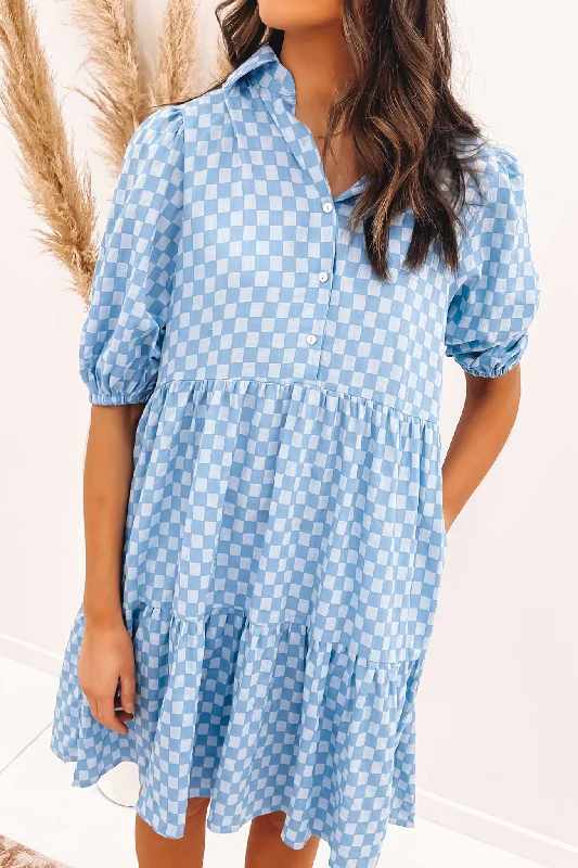 Mischa Mini Dress Blue Check Elegant Vintage Mini Dress