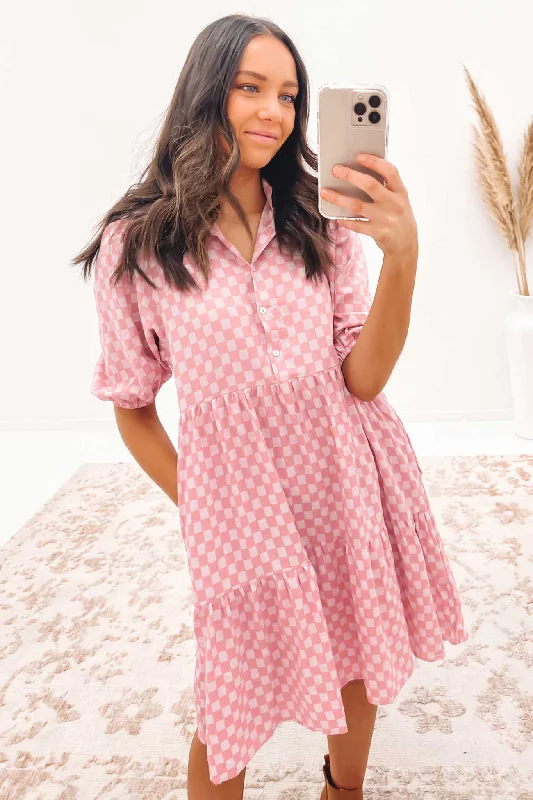 Mischa Mini Dress Pink Check Classic White Mini Dress