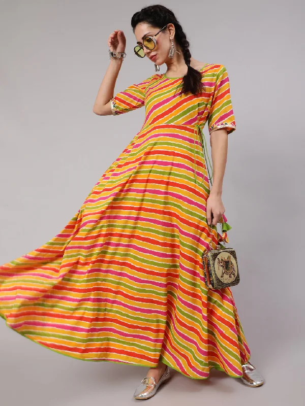 Women's Multicolor Leheriya Print Maxi Dress - Aks Comfortable Maxi Dress with Slits