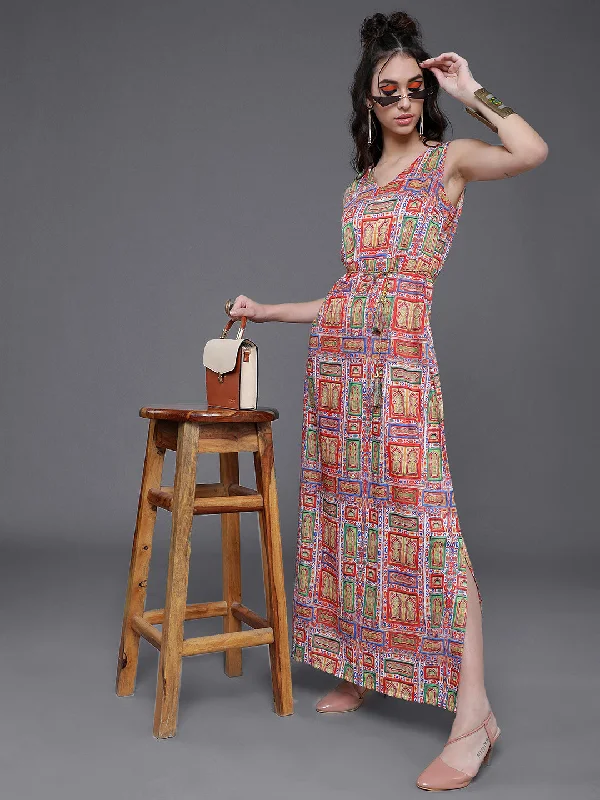 Women's Multicolor Printed Slit Maxi Dress - Aks Classic Tulle Maxi Dress