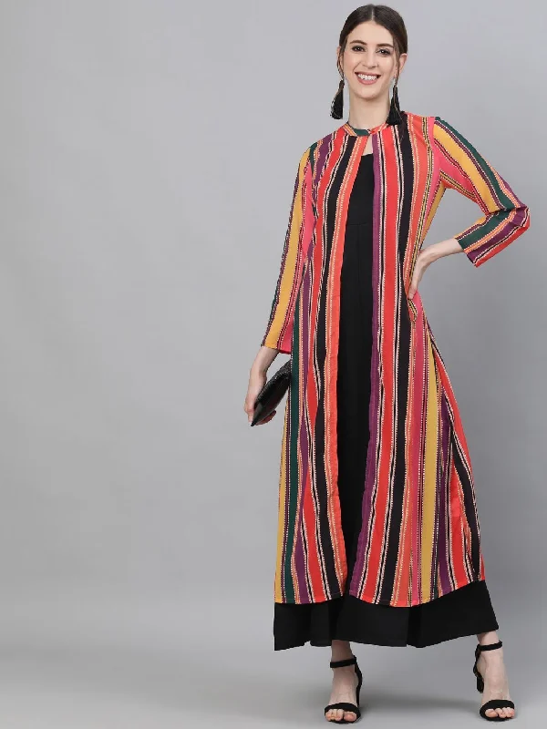 Women's Multicolor Striped Printed Maxi Dress - AKS Trendy Printed Maxi Dress