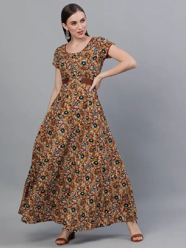Women's Mustard Floral Print Flared Maxi Dress - Aks Comfortable Plunging Neckline Maxi Dress Women's Mustard Floral Print Flared Maxi Dress - Aks Comfortable Plunging Neckline Maxi Dress
