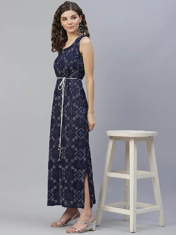 Women's Navy Blue Bandhani Print Maxi Dress - Aks Trendy Ruffled Maxi Dress