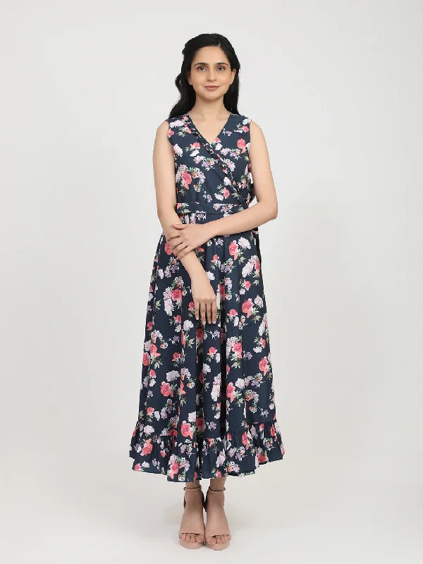 Women's Navy Blue Floral Crepe Maxi Dress - Bhama Couture Trendy Maxi Dress with Bow Women's Navy Blue Floral Crepe Maxi Dress - Bhama Couture Trendy Maxi Dress with Bow