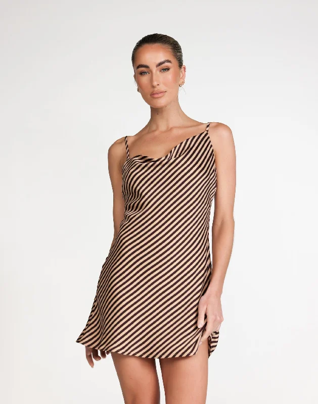 Nigella Mini Dress (Caramel Pinstripe) Stylish Floral Print Mini Dress