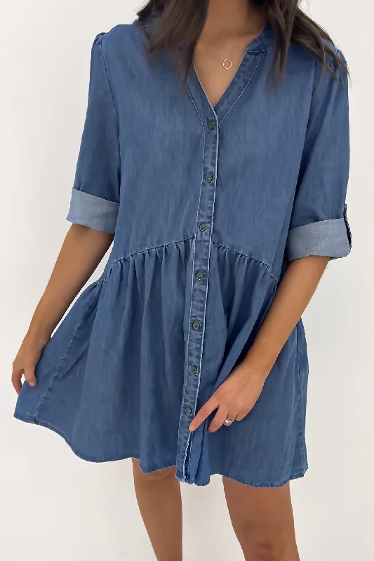 Niomie Denim Mini Dress Mid Blue Elegant Silk Mini Dress