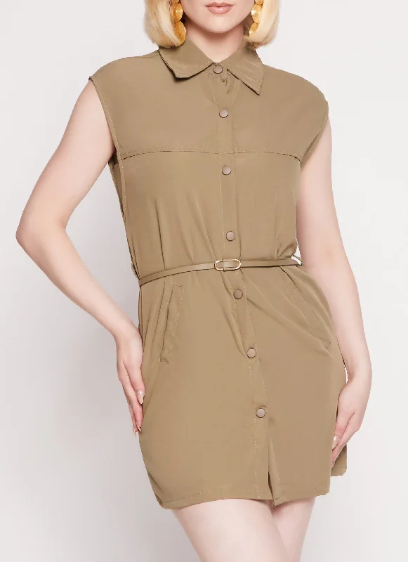Belted Sleeveless Snap Button Front Mini Dress Elegant Lace-Up Mini Dress