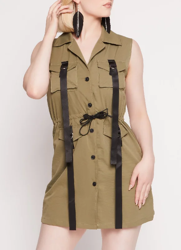 Strappy Cargo Pocket Button Front Mini Dress Stylish Plaid Mini Dress