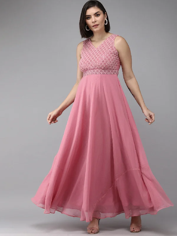 Women's Onion Pink Geogette Sequence Embellished Maxi Dress - Bhama Couture Elegant Velvet Maxi Dress Women's Onion Pink Geogette Sequence Embellished Maxi Dress - Bhama Couture Elegant Velvet Maxi Dress