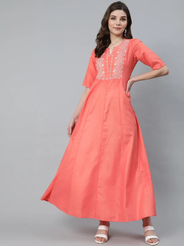 Women's Peach Embroidered Flared Maxi Dress - Aks Elegant Maxi Dress with Belt