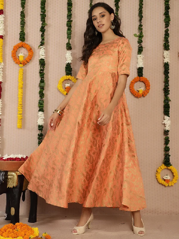 Women's Peach Jacquard Flared Maxi Dress - Aks Comfortable Cotton Maxi Dress