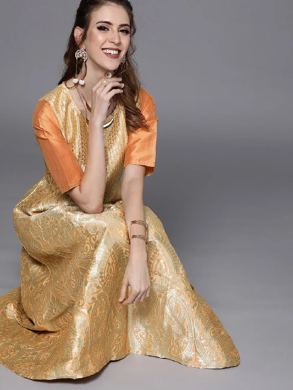 Women's Peach Jacquard Maxi Dress - Aks Comfortable Long-Sleeve Maxi Dress