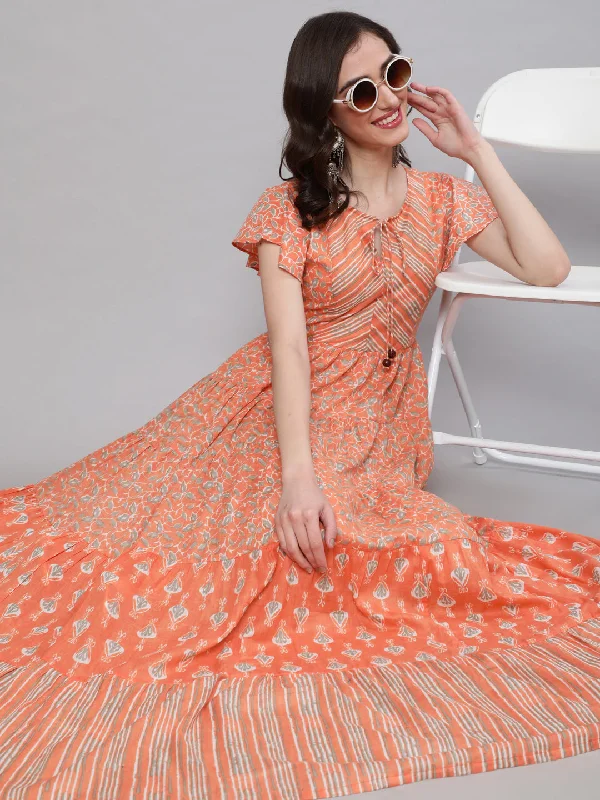 Women's Peach Printed Tiered Maxi Dress - Aks Cozy Knitted Maxi Dress