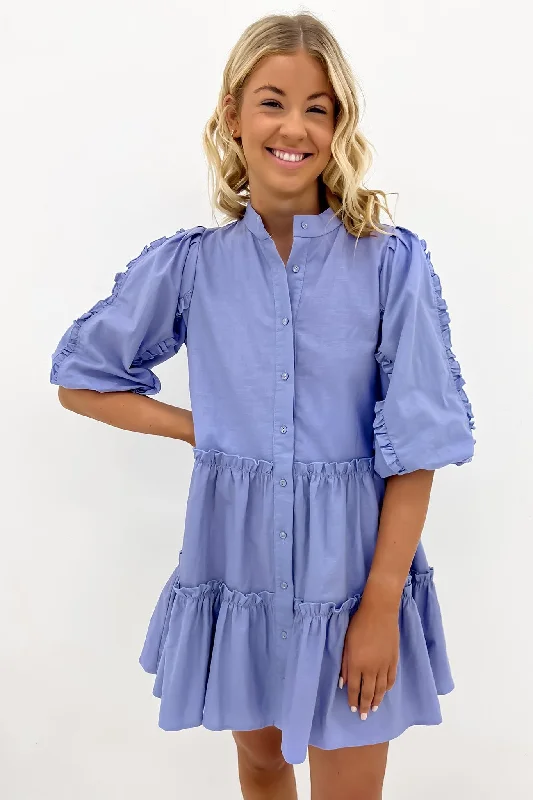 Petra Babydoll Frill Mini Dress Cornflower Blue Elegant Satin Mini Dress