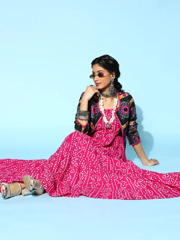 Women's Pink Bandhani Printed Tiered Maxi Dress - Aks Cozy Wrap Maxi Dress