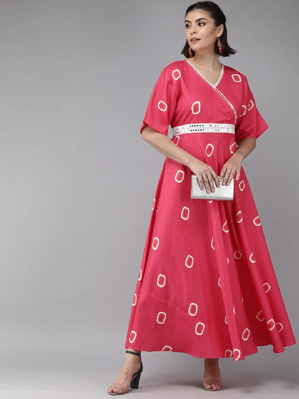 Women's Pink Floral Print Maxi Dress - Bhama Couture Trendy Satin Maxi Dress