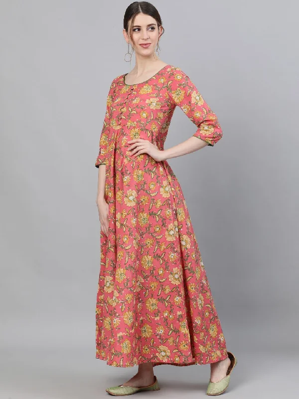 Women's Pink Floral Printed Flared Maxi Dress - AKS Classic Tulle Maxi Dress