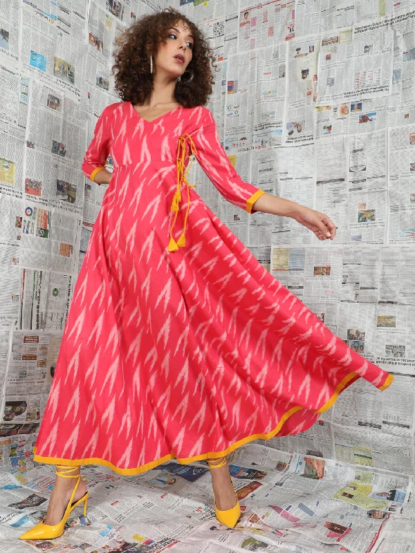 Women's Pink Ikat Design Maxi Dress - Aks Chic Button-Up Maxi Dress