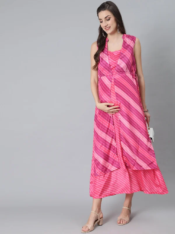 Women's Pink Leheriya Print Maxi Dress - Aks Elegant Maxi Dress with Ruffles