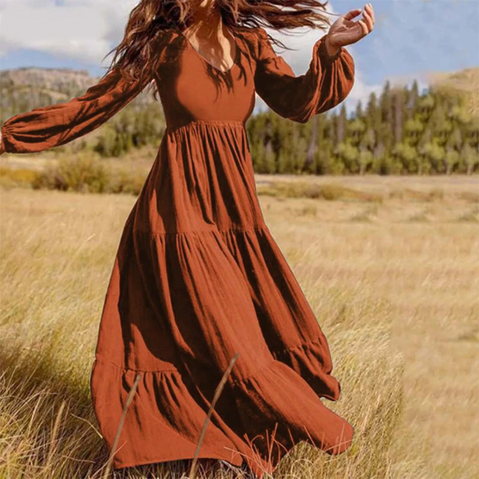 DressBetty - 2024 Plus Size Solid Color V-Neck A-Line Boho Maxi Dress Trendy Fit-and-Flare Maxi Dress DressBetty - 2024 Plus Size Solid Color V-Neck A-Line Boho Maxi Dress Trendy Fit-and-Flare Maxi Dress