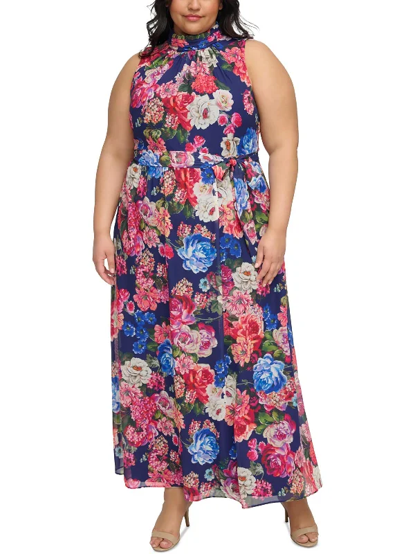 Plus Womens Chiffon Maxi Dress Trendy Floral Print Maxi Dress