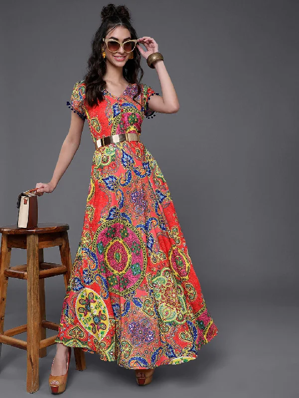 Women's Red & Blue Printed Flared Maxi Dress - Aks Comfortable Bohemian Maxi Dress