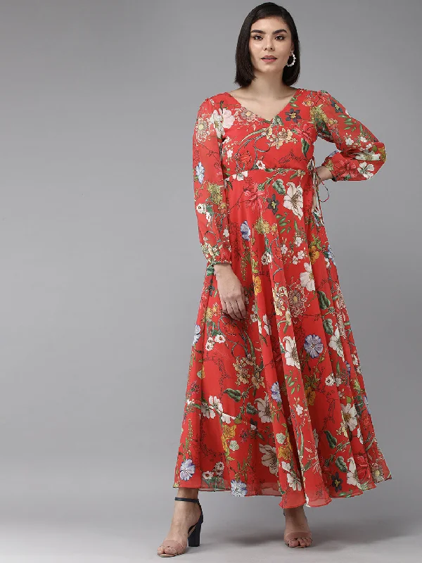 Women's Red Floral Geogette Maxi Dress - Bhama Couture Stylish V-Neck Maxi Dress