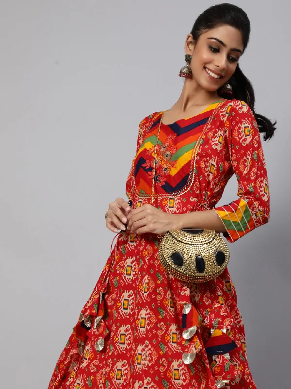 Women's Red Maxi Dress With Embroidered Yoke - Aks Chic Sleeveless Maxi Dress