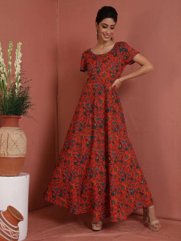 Women's Red Printed Flared Maxi Dress - Aks Trendy A-Line Maxi Dress