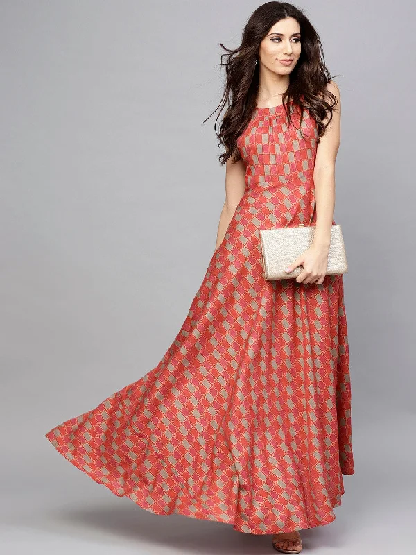 Women's Red Printed Sleeveless Flared Maxi Dress - Aks Elegant Lace-Up Maxi Dress
