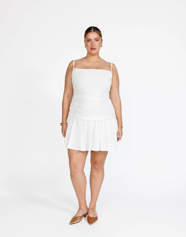Reese Mini Dress (White) Elegant Mini Dress with Ruffles