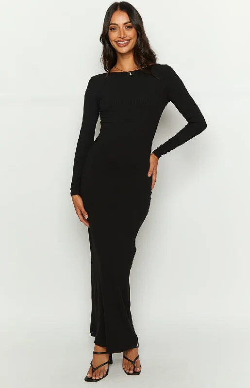 Romilly Black Long Sleeve Maxi Dress Comfortable Ruffle Hem Maxi Dress