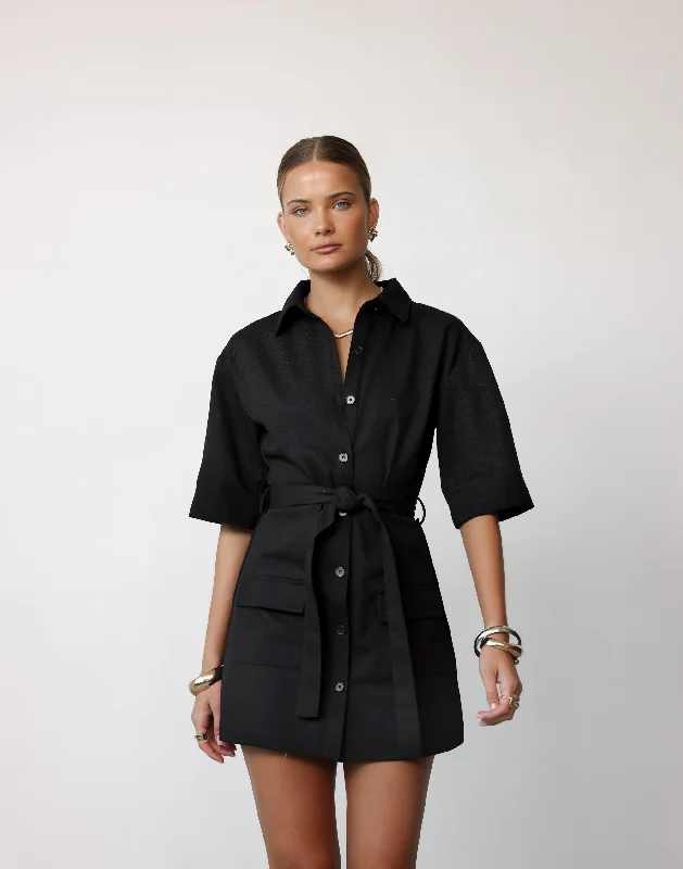 Roxy Mini Dress (Black) Chic Tropical Mini Dress