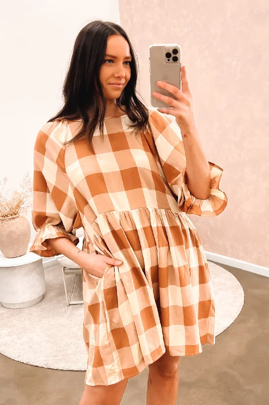 Skylar Mini Dress Tan Fashionable Pleated Mini Dress
