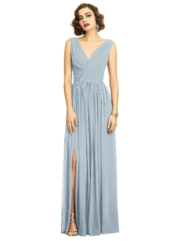Sleeveless Draped Chiffon Maxi Dress with Front Slit Elegant Maxi Dress with Belt